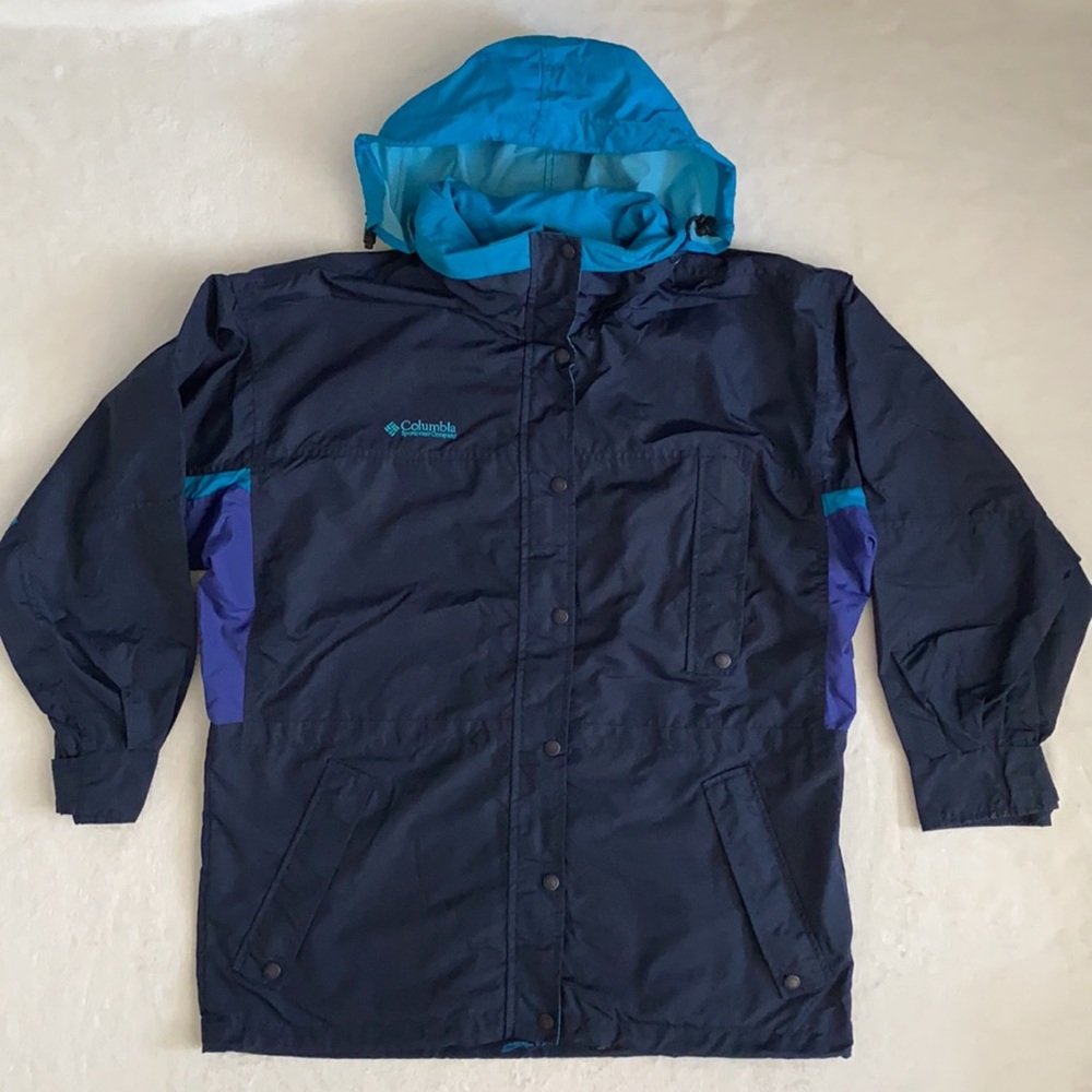 {VTG} Columbia | 90s Long’s Peak Colorblock Nylon Rain Jacket Hood Blue/Purple M